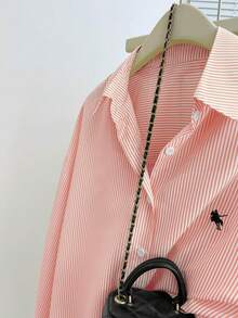 INAWLY Camisa de manga larga con botones de talla grande, con bordado y rayas - Rosa coral - Ver 5
