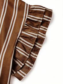 Linhara Women's Summer Striped Round Neck Ruffle Sleeve Retro Casual Blouse, Suitable For Weekend Shopping, Cafe Visits, Commuting, Daily Wear - Coffee Brown - View 3