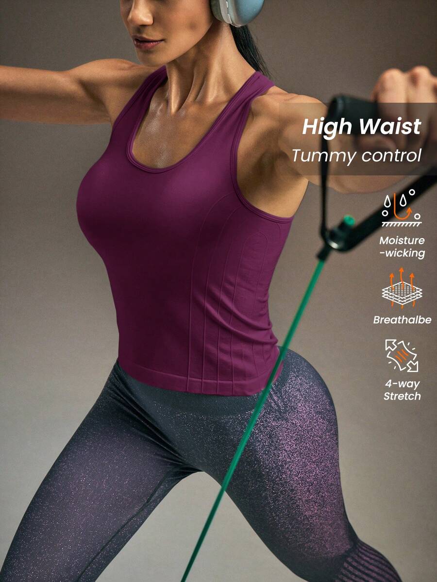 Powerista 女士简约纯色透气露背背心，夏季 - 紫色 - 查看 1