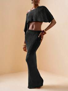 2pcs/Set Elegant Casual Vacation Solid Color Knitted Beach Cover-Up Top And Knitted Mini Skirt Set - Black - View 4