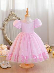 Glamorique Kids 女童粉色蝴蝶结雪花印花薄纱缎面连衣裙，可爱公主裙，儿童生日派对礼服，婚礼宾客礼服，手工串珠蓬蓬裙 - 粉色 - 查看 3