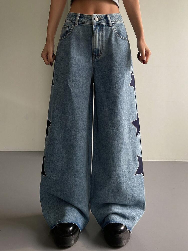 Women's Low Waist Side Star Print Casual Straight Leg Jeans