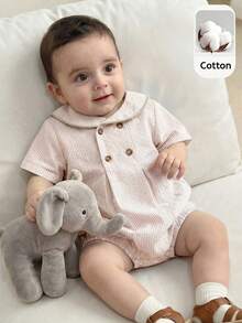 SHEIN Bộ áo liền quần tay ngắn cổ sọc xanh trắng dễ thương kiểu Anh cho bé trai/bé gái sơ sinh, thích hợp cho mùa xuân/hè. - Màu Khaki - Xem 3