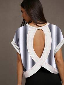 SHEIN Essnce Áo thun nữ dáng rộng không tay, cổ tròn, hở lưng, vạt áo bất đối xứng, thích hợp cho mùa hè. - Màu xanh hải quân - Xem 5