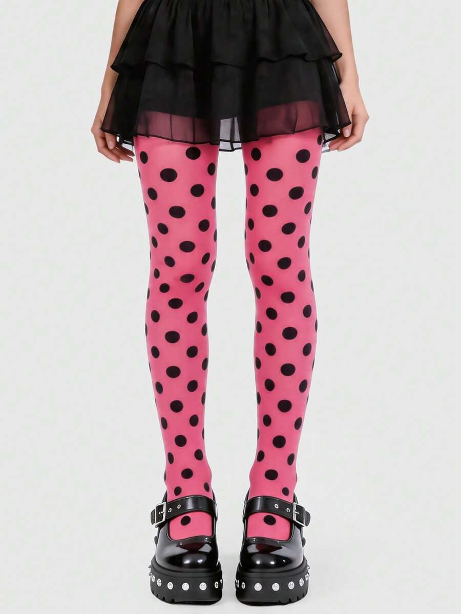 Anime 1双个性化黑白波点印花女士丝袜连裤袜 - 玫紅色 - 查看 1