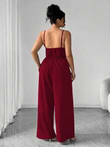 Elenzga Fashionable Casual Romantic Retro Elegant V-Neck Waist Cinched Jumpsuit For Commuting - Red - View 2