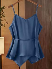SHEIN Tall CURVE 加大码夏季优雅纯色侧系带吊带背心 - 藍色 - 查看 2