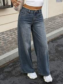 DAZY Women's Loose Straight Leg Distressed Letter Rhinestone Embellished Casual Jeans - Dark Wash - View 4