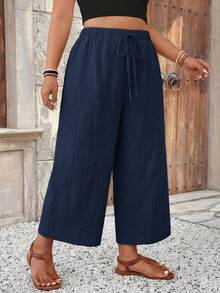 SHEIN Frenchy Pantalon capri kaki grande taille pour femmes, polyvalent pour le port quotidien et les déplacements, pantalon décontracté court - Bleu azur - Voir 4