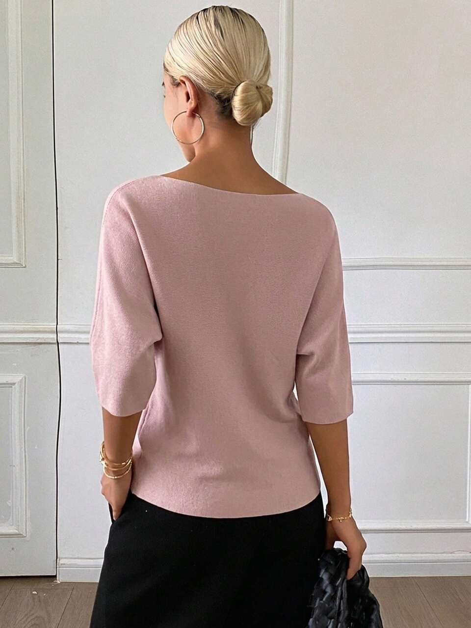 Women's Solid Color Crew Neck 3/4 Sleeve Casual Elegant Knit Top, Autumn/Winter