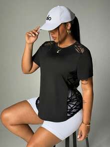 SHEIN Rhythm Era 女士纯色休闲网眼拼接短袖T恤 - 黑色 - 查看 5