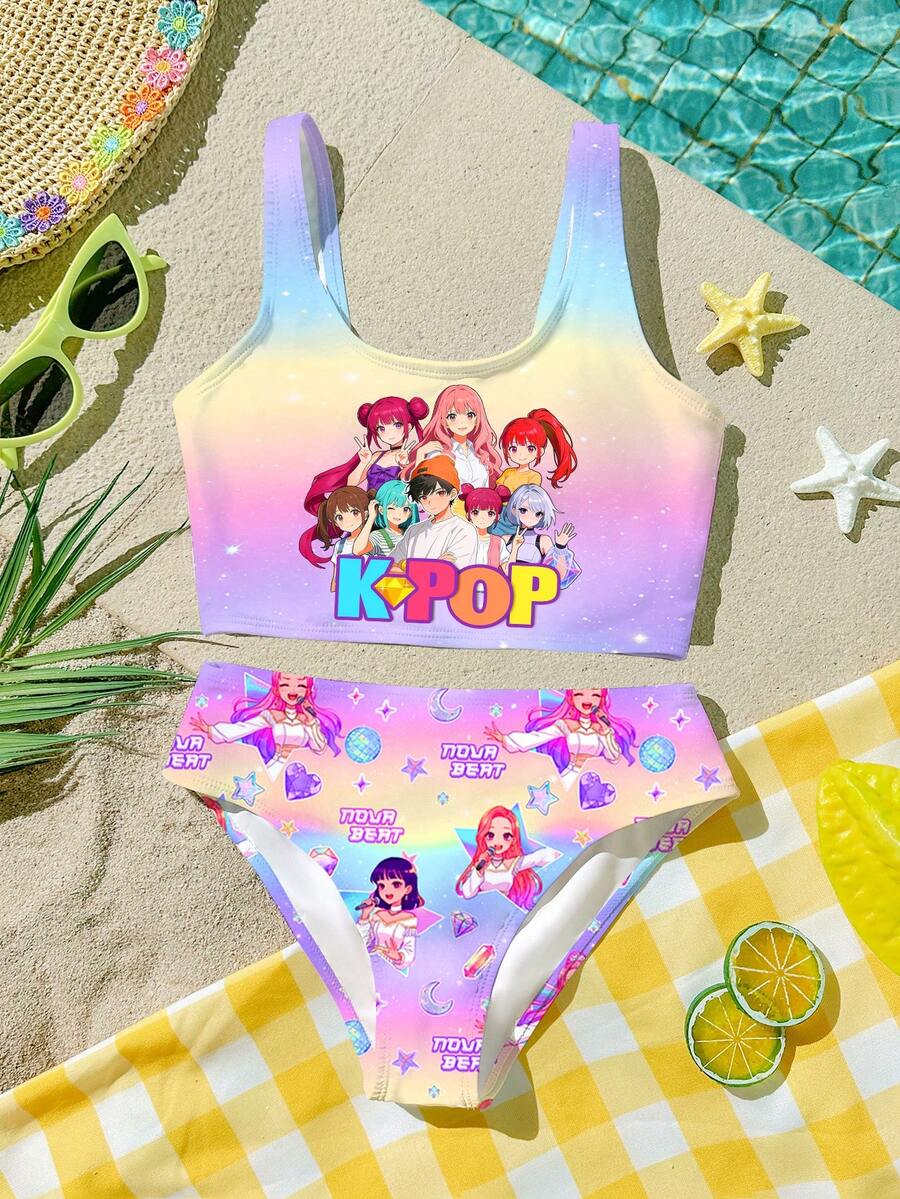 Bộ đồ bơi tankini in hình nhóm nhạc nữ K-Pop hoạt hình nhiều màu sắc dành cho bé gái tuổi teen, thích hợp cho kỳ nghỉ hè. - Nhiều màu - Xem 1