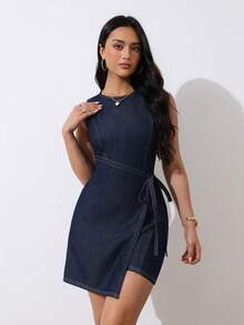 SHEIN Tall Bộ áo liền quần denim không tay cổ tròn thắt eo dành cho nữ, trang phục thường ngày thoải mái đi biển và nghỉ mát thanh lịch cho nữ. Bộ áo liền quần denim không tay thắt eo kiểu quấn dành cho nữ mùa hè, trang phục thường ngày thoải mái đi nghỉ mát. - Rửa tối - Xem 11