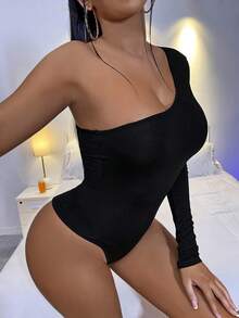 SHEIN SXY Body unicolor de un hombro - Negro - Ver 4