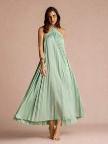 Enchnt 女士纯色露背吊带褶皱优雅连衣裙 - 薄荷綠 - 查看 4
