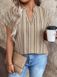 EMERY ROSE Plus Size Woven Printed Summer Women's Shirt For Vacation - Apricot - View 7