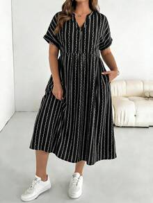 SHEIN Essnce Đầm ngắn tay dáng rộng họa tiết hoa kẻ sọc phong cách retro, thích hợp cho mùa xuân và hè. - màu đen - Xem 3