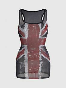 ROMWE Street Life Women UK Flag Music Festival World Cup Sexy Sheer Mesh Bodycon Mini Dress Night Out Black And Red Summer - Black - View 1
