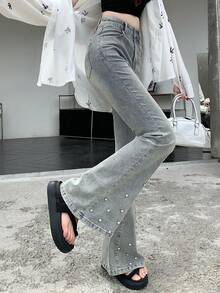 Dazy Tall Quần jeans ống loe đính đá lấp lánh dành cho nữ cao, kiểu dáng gợi cảm, thoải mái cho mùa hè. - Rửa nhẹ - Xem 7