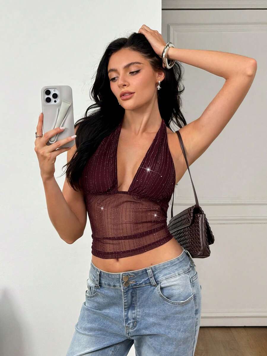 SHEIN 亮片条纹露背吊带深V露背女式背心，夏季修身显瘦派对短款上衣，适合音乐节、派对、夜店、Y2K 酷女孩、休闲酷女孩等场合。 - 紅色 - 查看 1