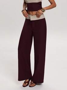SHEIN BAE Pantalon droit décontracté pour femmes avec imprimé rayé blocs de couleurs, pour un port quotidien - Bordeaux - Voir 6
