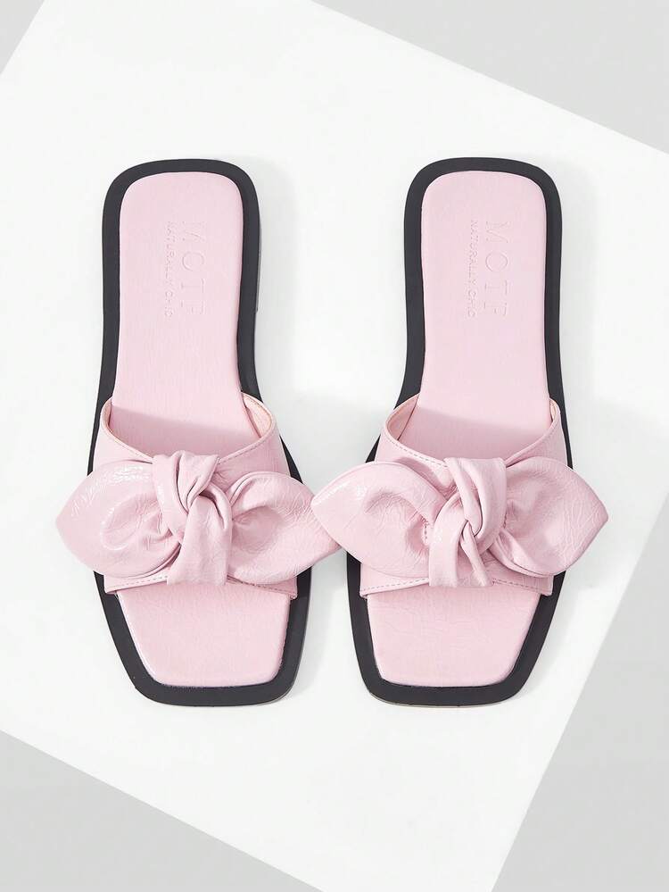 WOMEN SHOES NEW FRENCH BOW FLAT BOTTOM SQUARE TOE SANDALS, PINK VERSATILE COMFORTABLE AND LIGHT SLIP-ON FAIRY WIND BEACH VACATION STYLE SIMPLE HIGH-END TEMPERAMENT ELEGANT SANDALS