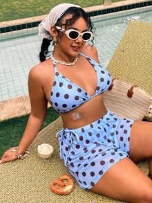 Swim Mod Plus Size Women's Sweet New Elegant Bohemian Style Light Blue Polka Dot 2-Piece Bikini Set, Includes Mesh Cover-Up Shorts, Sexy Halter Triangle Top And Tie-Front Bottoms, Retro Polka Dot Print Swimwear, Suitable For Summer Pool Parties, Beach Outings, Music Festivals, Tropical Brunch, Beach Pool Parties, Island Vacations, Showcasing A Modern Flair. - Blue - View 7