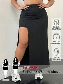 SHEIN Tall CURVE 大码女式纯色褶皱不对称鱼尾裙裤，简约设计，适合夏季约会和旅行 - 黑色 - 查看 7