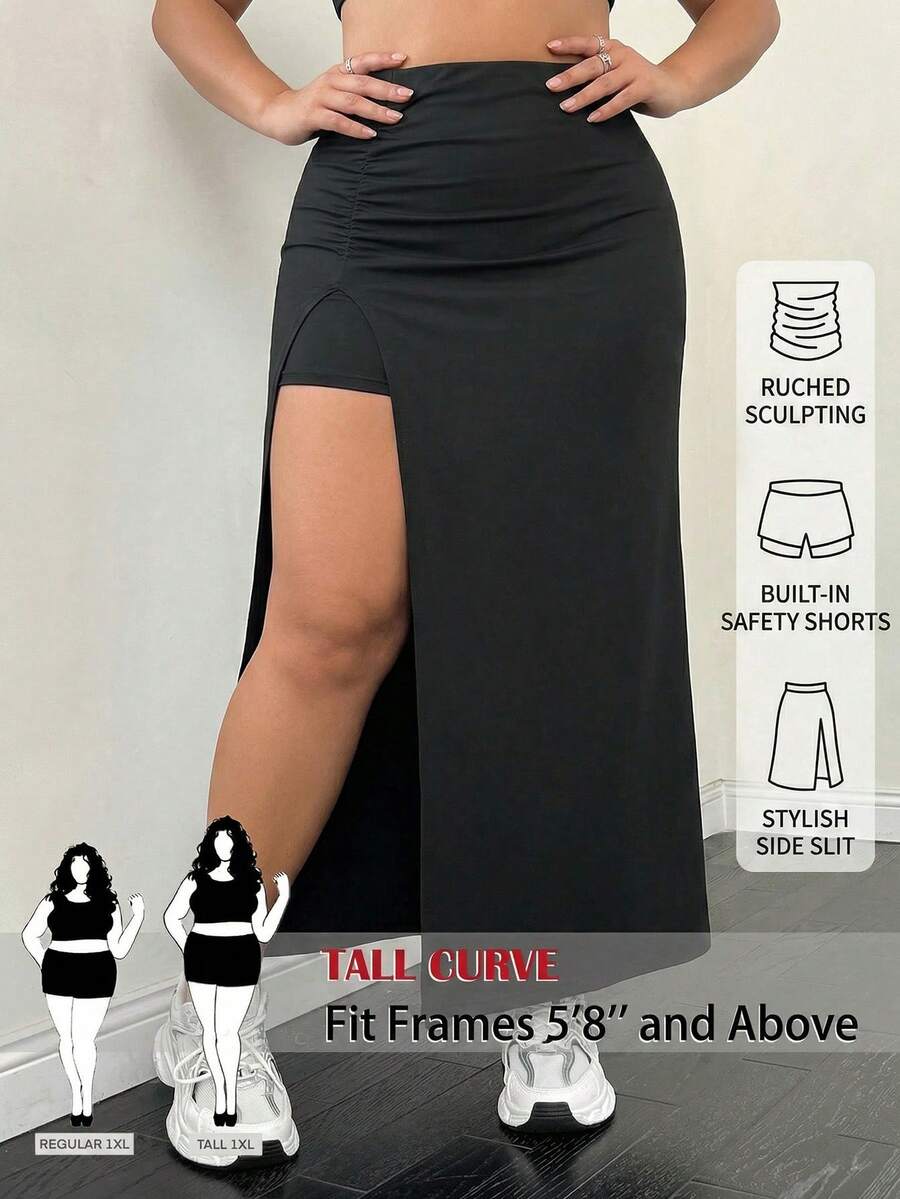 SHEIN Tall CURVE 大码女式纯色褶皱不对称鱼尾裙裤,简约设计,适合夏季约会和旅行 - 黑色 - 查看 1