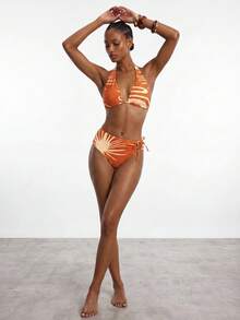 Maija Women's Summer Beach Vacation Printed Halter Bikini Set Beach Outfit For Women Summer Bikini Set For Women - Orange - View 5
