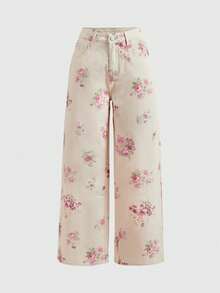 ROMWE Fairycore Quần jeans ống rộng dáng suông in hoa, chất liệu denim mài, dành cho nữ, phong cách cô gái ngọt ngào. - Màu be - Xem 1
