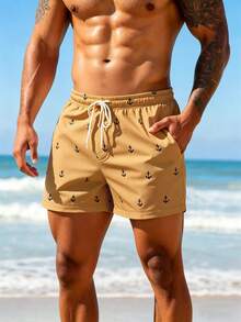 Manfinity KASUA Herren Lässig Vielseitig Anker Muster Kordelzug Taille Tasche Strand Shorts, Urlaub - Kamelfarben - Übersicht 3