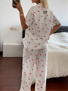HELLO KITTY | DAZY 可爱卡通印花宽松轻薄女式短袖上衣和裤子睡衣套装，夏季 - 白色 - 查看 2