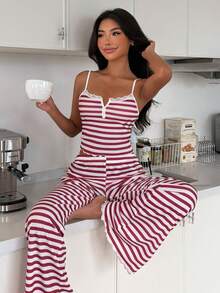 Frill Trim Ribbed Striped Camisole + High Waist Flare Pants Slimming Casual Homewear Set - Red - View 5