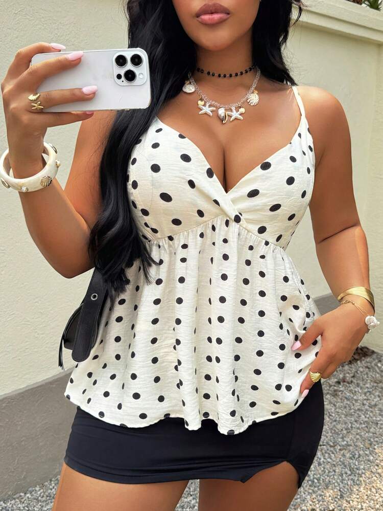Dazy Plus Fashionable Polka Dot Blogger Style Spring/Summer Vacation Date Casual Cropped Waist Skirt, Plus Size Camisole And Tank Top