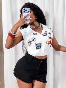 Glyssa 女士无袖印花露脐复古赛车风休闲衬衫领短款上衣 - 白色 - 查看 5