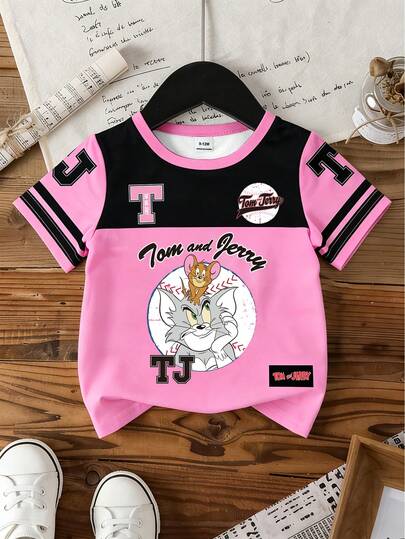 TOM & JERRY X SHEIN GraphicGems Baby Girl Colorblock Cartoon Print T-Shirt, Summer