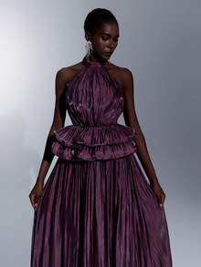 Elitara Elegant Minimalist Classical Design Woven Cold Shoulder Draped Neck Pleated Jellyfish Double-Layer A-Line Formal Evening Gown - Dark Purple - View 2