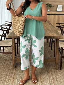 Weeklong Casual Vacation Style Sleeveless Plus Size 2 Pieces Set With Floral Patchwork - Multicolor - View 5