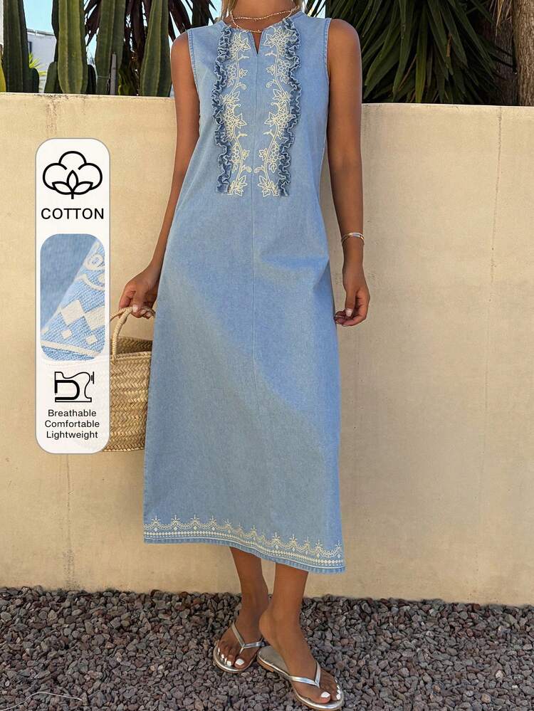 Women's Summer Sleeveless Frill Trim Floral Print Vacation Style Casual Long Denim Dress Sun Dresses For Women