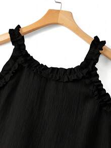 Franclia Áo tank top nữ dáng rộng, cổ chữ V, dây mảnh, có bèo nhún, chất liệu vải dệt họa tiết, thích hợp mặc hàng ngày, đi nghỉ mát và du lịch. - màu đen - Xem 6