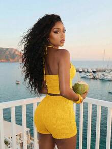 Slaydiva 2026 ربيع/صيف جديد كاجوال منتجع بوهيمي ضيق الملاءمة أصفر خردلي محبوك بنسيج - أوزة صفراء - مشاهدة 2