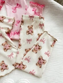 SHEIN 4件套可爱卡通小熊蝴蝶结针织夏季睡衣套装，适合女宝宝 - 粉色 - 查看 5