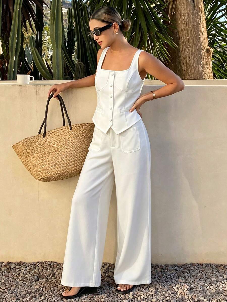 Livesso Pantalon décontracté ajusté sans manches à encolure carrée blanche, ensemble 2 pièces pour femmes - Blanc - Voir 1