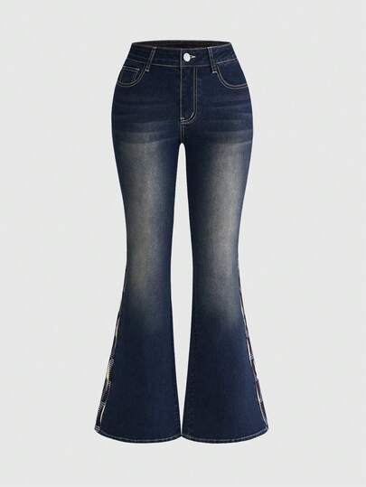 ROMWE Grunge Punk Quần jeans ống loe nữ có túi và cúc, kiểu dáng thường ngày, đa năng.