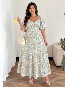 Easura Đầm maxi dáng chữ A tay ngắn cổ vuông in hoa thanh lịch dành cho nữ cỡ lớn mùa xuân/hè. - Nhiều màu - Xem 6