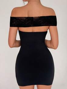 Firerie Women's Elegant Black Summer Off Shoulder Lace Patchwork Mini Bodycon Dress, Backless Night Out Party Fitted Short Dresses For Music Festivals - Black - View 7