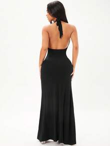 SHEIN SXY Prom Dress;Beach;Tie Backless Split Thigh Halter Dress - Black - View 2