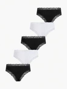 Bisouelle 5pcs Solid Color Lace Trim Striped Women's Triangle Briefs, Sexy & Breathable - Multicolor - View 2