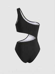 Sweetra Women's Color Block One Shoulder One-Piece Swimsuit For Swimming, Vacation, Summer Beach - Black and White - View 2